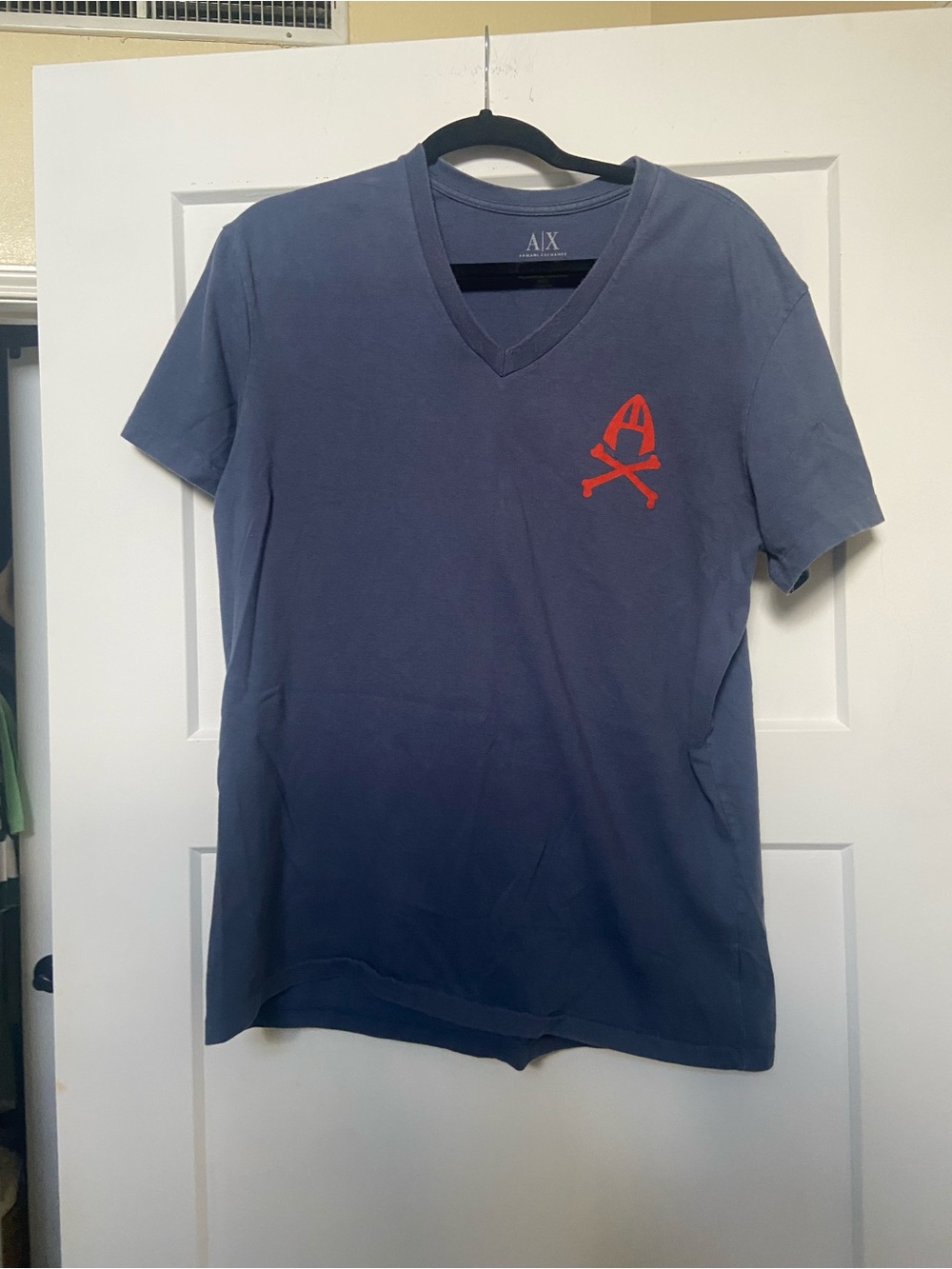 Armani Exchange Blue V-Neck Tee with Red Chest Emblem